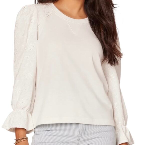 Democracy Women’s 3/4 Embroidered Puffed Flounce Sleeve Top Off White Size PM - Picture 1 of 3